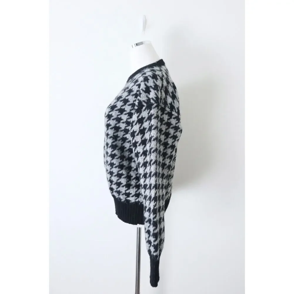Vintage 1980s CREW Shetland Wool Houndstooth Sweater Pullover Black Gray